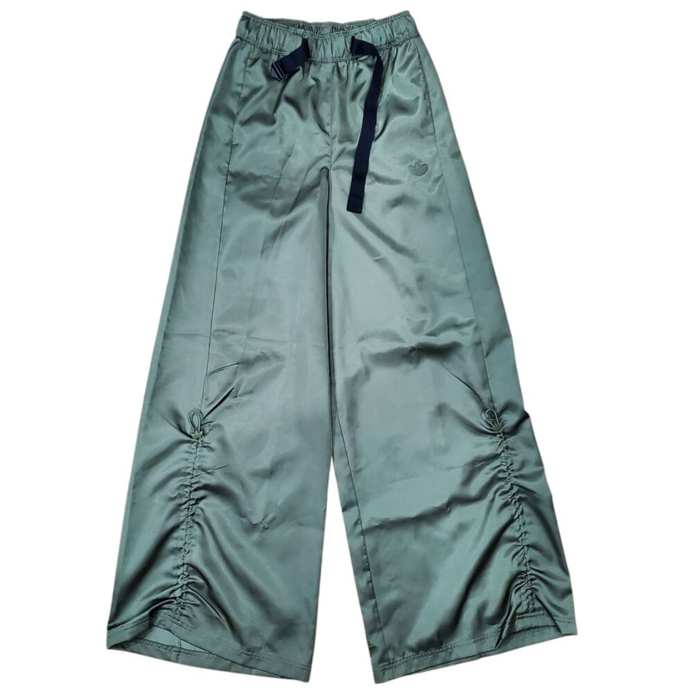 ADIDAS Originals Pants Women XS Green CARGO Wide Leg Satin Jumpsuit Ankle HF2099